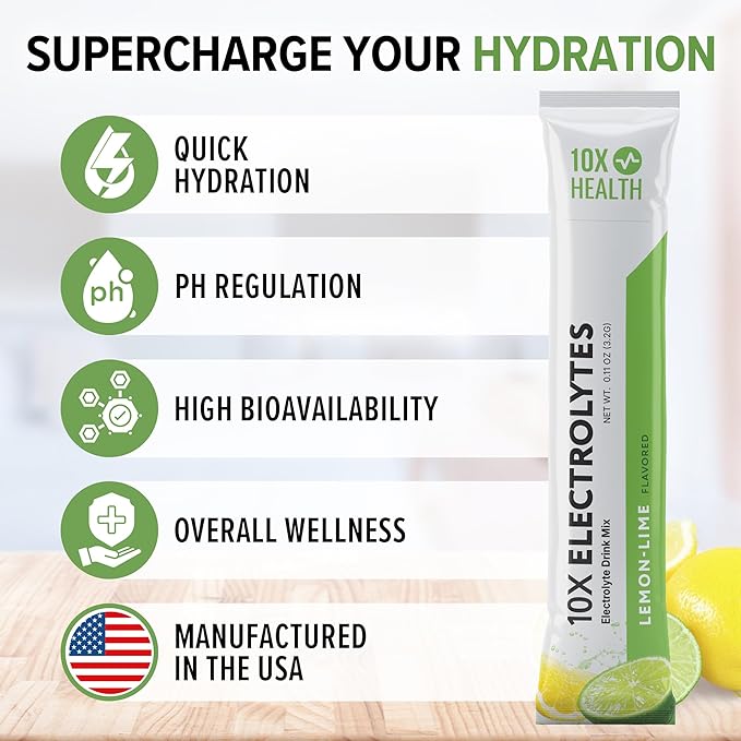 10X Health Electrolytes Powder Drink Mix Lemon Lime - Hydration Packets w/Potassium, Magnesium & Mediterranean Sea Salt - Sugar-Free Electrolytes Powder - Non-GMO Electrolyte Packets - 30 Stickpacks