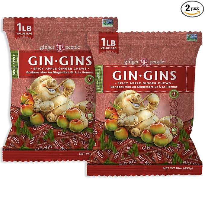 GIN GINS Spicy Apple Ginger Chews – Natural Fresh Ginger Candy by The Ginger People – Individually Wrapped Healthy Candy – Spicy Apple Ginger Flavor – Large 1 lb Bag (16oz) – Pack of 2