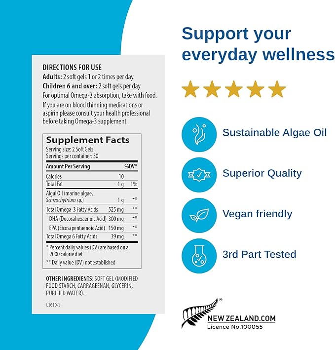 Xtendlife Vegan Omega 3 DHA & EPA - Potent Plant-Based Supplement from Marine Algae - Perfect for Vegans and Vegetarians - 30 Day Supply