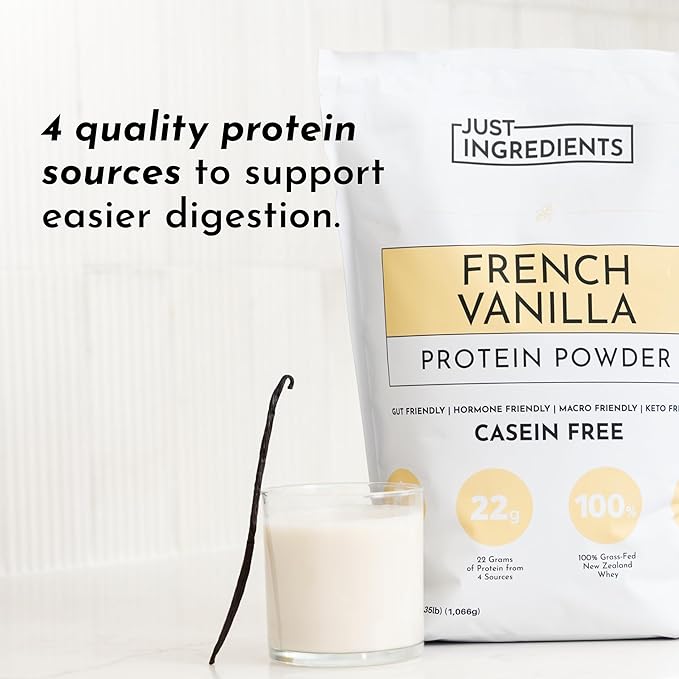 JUST INGREDIENTS French Vanilla Protein Powder – 30 Serving Bag – Grass-Fed Whey & Plant Protein Blend with Real Vanilla Bean – Sweetened with Coconut Sugar & Monk Fruit, Non-GMO, Gluten-Free