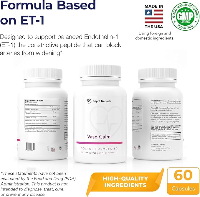 Vaso Calm - Healthy Blood Balance Supplement - Features Fermented Garlic, Celery and Grape Seed Extract, Hibiscus, and Vitamin K2 - Made in The USA, 180 Capsules