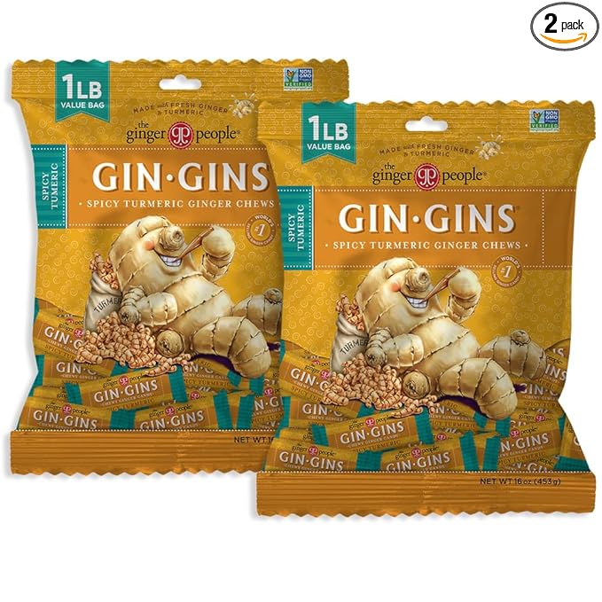 GIN GINS Spicy Turmeric Ginger Chews – Natural Fresh Ginger Candy by The Ginger People – Individually Wrapped Healthy Candy – Turmeric Flavor – Large 1 lb Bag (16oz) – Pack of 2