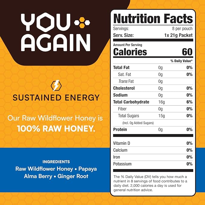 You Again Super Honey Wild Ginger Packets | Workout Clean Energy Gel Packs | Cycling, Endurance, Running Gel or Energy Snack | Paleo & Carnivore Snack | Gluten-Free | Made in USA | 8 Count
