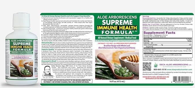 Supreme Immune Health Formula - Dr. Recommended Clinically Proven Immune Health Formula for Adults & Kids - Organic Whole Leaf Aloe Arborescens Juice + Raw Unpasteurized Honey for Immune Support -16oz