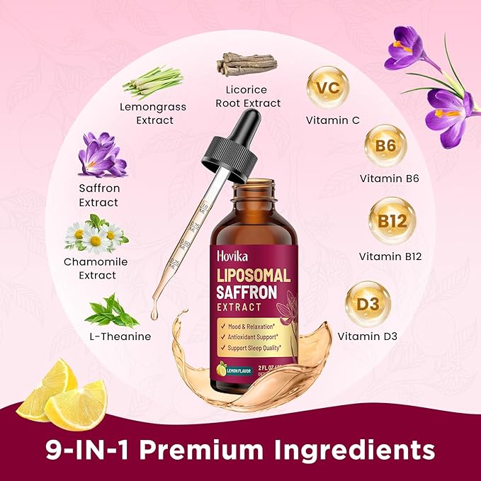 2 Pack Liposomal Saffron Supplements - 88.5mg Saffron Extract Liquid Drops with L-Theanine, Chamomile, Vitamin C, B6, B12 & D3 for Antioxidant, Immune, Mood, Energy, Focus & Sleep - Lemon Flavor