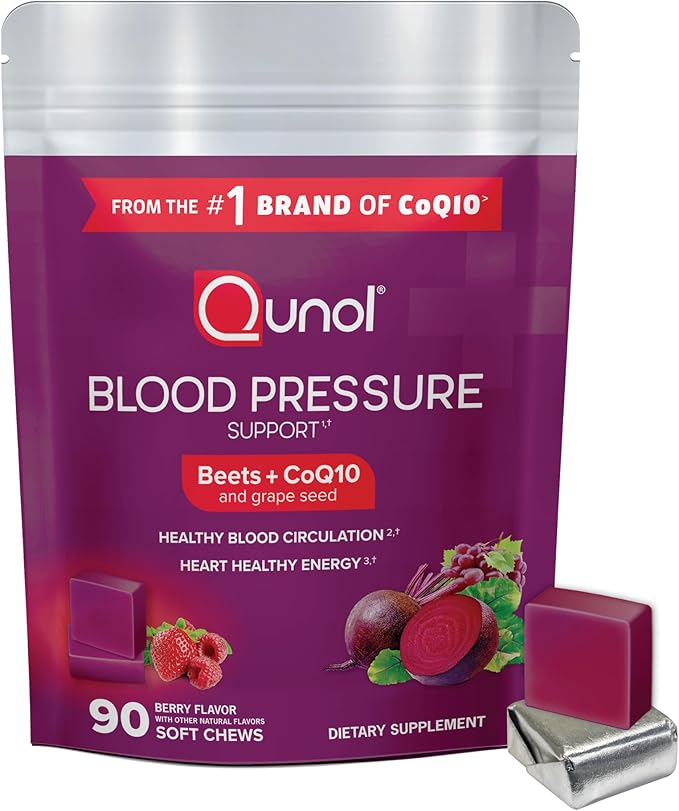 Qunol Beets Chews for Blood Pressure Support, 3 in 1 Beets + CoQ10 + Grape Seed Extract, Supports Healthy Blood Circulation & Heart Healthy Energy, 90 Chews