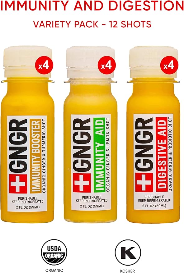 +GNGR 12 Shots Variety Pack of Organic Immunity Boosting Ginger Shots for All Natural Digestive Support and Immune Support, Digestive Aid, Gut Cleanse, Detox, Debloat 2 fl oz (Pack of 12)