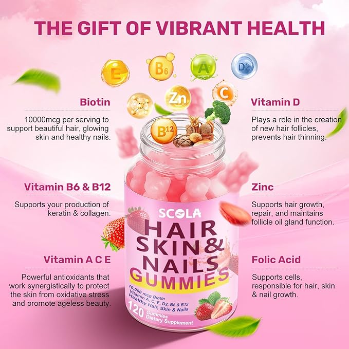 Hair Skin and Nails Gummies, Biotin(10,000mcg) Hair Skin and Nails Vitamins Supplement for Women, Men Supports Faster Hair Growth, Stronger Nails, Healthy Skin, 120 Count