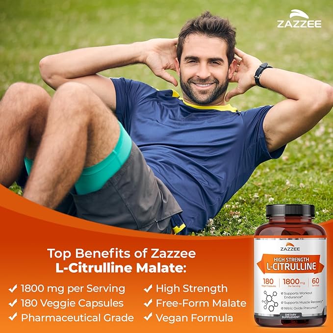 Zazzee High Strength L-Citrulline Malate, 1800 mg per Serving, 180 Vegan Capsules, 60 Day Supply, High Absorption with Superior Free-Form Malate, 100% Vegetarian, All-Natural and Non-GMO