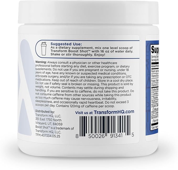TransformHQ Energy & Focus Powder (Blue Raspberry) - Boost Shot Clean Energy Drink Mix - Sugar Free - Non-GMO, Gluten-Free - 28 Servings