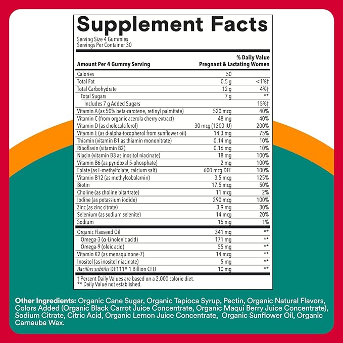 SmartyPants Organic Prenatal Vitamins for Women, Multivitamin Gummies: Probiotics, Biotin, Methylfolate, Omega 3 (ALA), Vitamin D3, C, Vitamin B12, B6, A, K2 & Zinc, Choline, 120 Count (30 Day Supply)