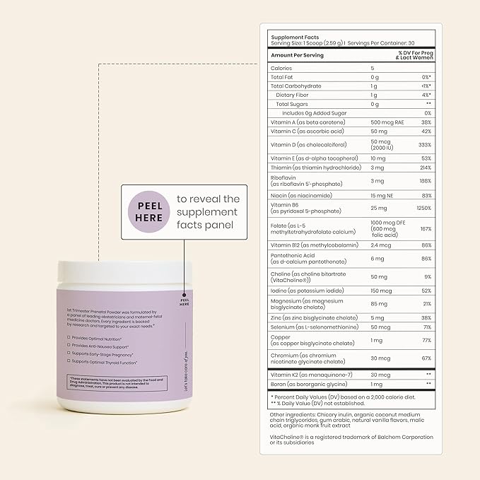 Perelel Prenatal Vitamins Powder for 1st Trimester, with Vitamin B6 & Methylfolate, Anti Nausea Support, Dairy Free, Sugar Free Clean Drink Mix for Early Stage Support, Light Vanilla, 30 Day Supply