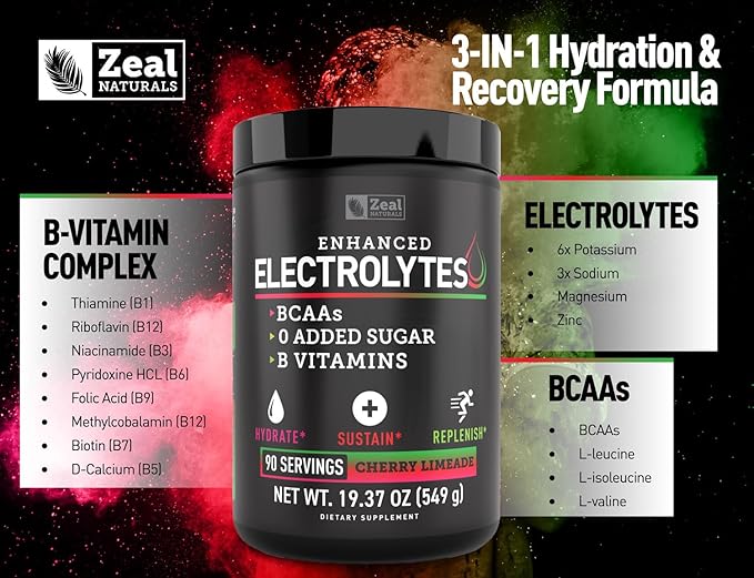 Zeal Electrolyte Powder - 90 Servings | Keto Electrolytes Powder | Zero Sugar, BCAAs, B-Vitamins | Potassium, Zinc, Magnesium | Hydration Powder Recovery Drink | Cherry Limeade