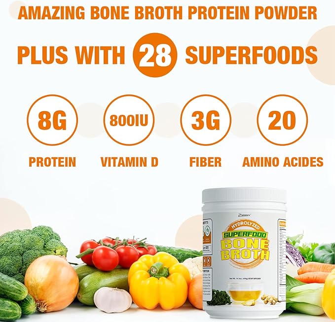 Zammex Bone Broth Plus Superfood Protein Powder (Turmeric Flavor), 8g Hydrolyzed Protein with Vitamin D, for Healthy Skin, Nails, Hair, Joints & Digestion,Non-GMO (30 Servings)