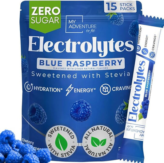 Zero Sugar - Blue Raspberry Electrolytes Powder - Refreshing Hydration - Caffeine Free Energy - All Natural Ingredients - Vegan, Keto and Paleo - Sugar Free Electrolyte Powder Drink Mix - 15 count