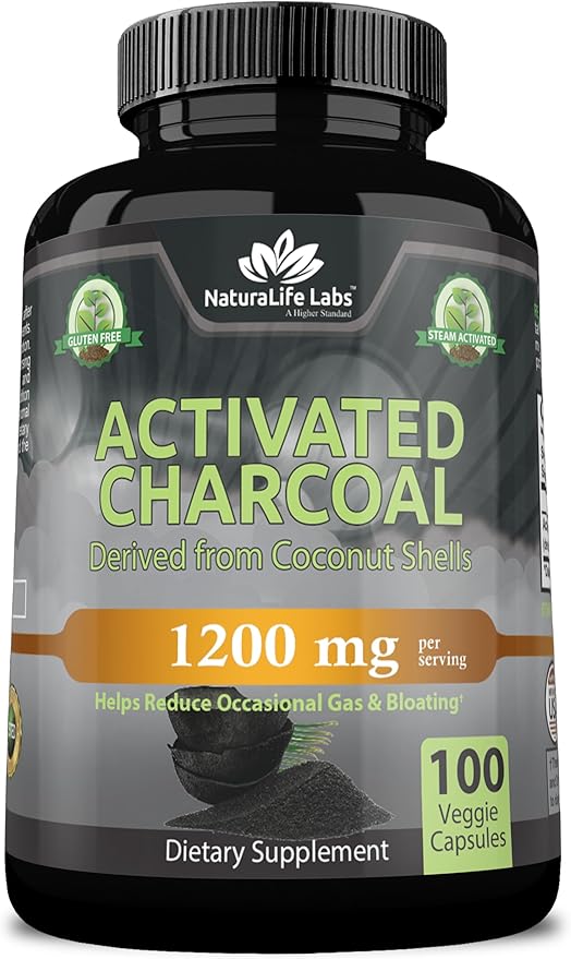 Activated Charcoal Capsules - 1,200 mg Highly Absorbent Helps Alleviate Gas & Bloating Promotes Natural detoxification Derived from Coconut Shells - per Serving - 100 Vegan Capsules