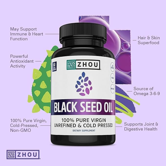 ZHOU Black Seed Oil Capsules - Black Cumin Seed Oil Cold Pressed, Nigella Sativa, Pure Unrefined Blackseed, Premium Supplement for Health, Hair & Skin w/Thymoquinone - 60 Capsules (Pack of 2)