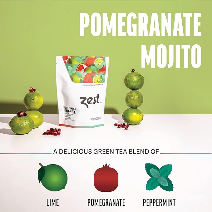 Zest 135mg High Caffeine Energy Loose Leaf Blend - Pomegranate Mojito Green Tea - 4 Oz - All Natural Strong Flavored Healthy Coffee Alternative Highly Caffeinated Substitute - Perfect for Keto