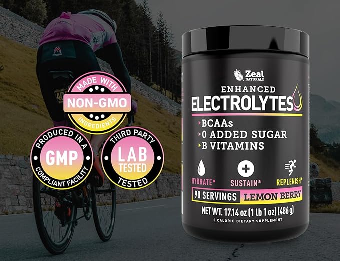 Zeal Electrolyte Powder - 90 Servings | Keto Electrolytes Powder | Zero Sugar, BCAAs, B-Vitamins | Potassium, Zinc, Magnesium | Hydration Powder Recovery Drink | Lemon Berry
