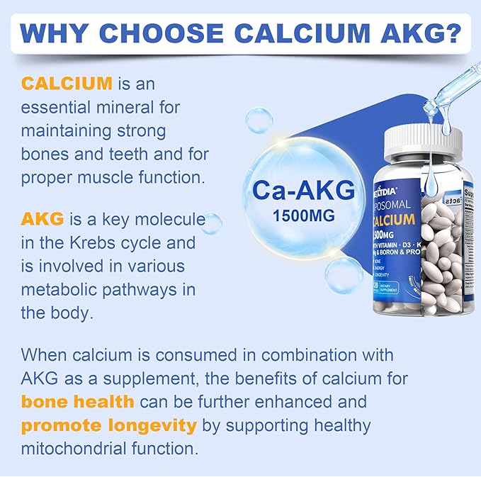 2 Pack Liposomal Calcium AKG Supplement 1500mg with Vitamin D3 & K2 for Women & Men, Calcium Supplement with Magnesium Glycinate, Boron, Probiotics & Vitamin C for Bone Strength & Energy, 240 Softgels