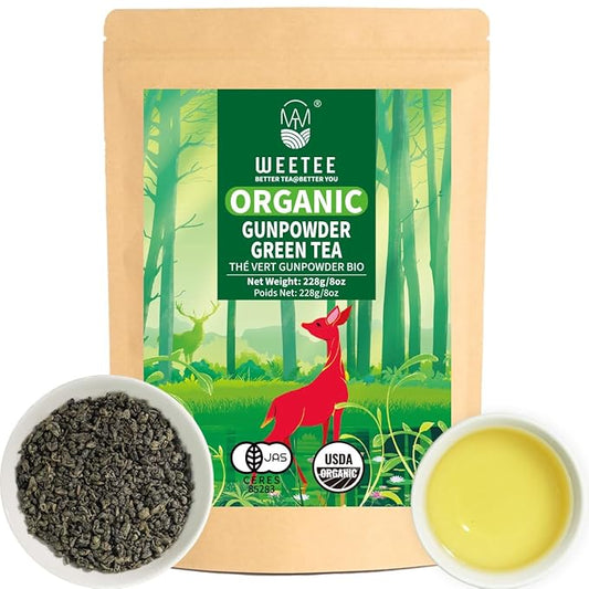 WT WEETEE Organic Gunpowder Green Tea, USDA Organic Loose Leaf Green Pearls Tea 8 Ounce, Full-Bodied & Gently Rolled Chinese Green Tea, Caffeinated