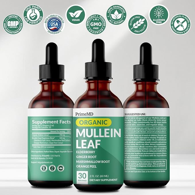 5-in-1 Mullein Drops for Lungs and Bronchial - Respiratory Lung Health Support with Mullen Leaf Extract for Lungs - Mullein Tincture with Elderberry, Echinacea and Ginger Root (120 Servings) (4-pack)
