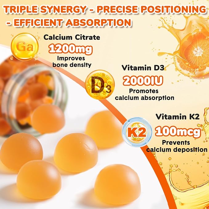 (2 Pack) Calcium Citrate Gummies,Calcium 1200 mg with Vitamin D3 and K2 for Women & Men.Supports Bone Muscle & Teeth - Natural Orange Flavor,120 Gummies- 60 Day Vegan Supply