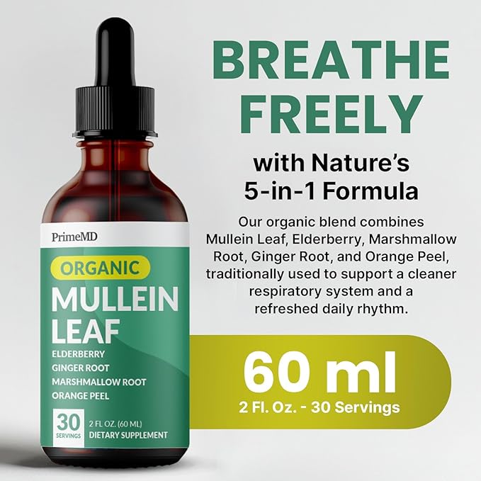 5-in-1 Mullein Drops for Lungs and Bronchial - Respiratory Lung Health Support with Mullen Leaf Extract for Lungs - Mullein Tincture with Elderberry, Echinacea and Ginger Root (120 Servings) (4-pack)