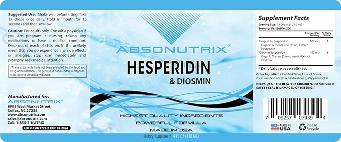 Absonutrix Hesperidin and Diosmin Liquid Drops,593mg 4Oz,Easy Absorption,Helps Improve Mobility,Supports Circulation, Made in USA,Non-GMO,Gluten-Free,GMP-Certified.