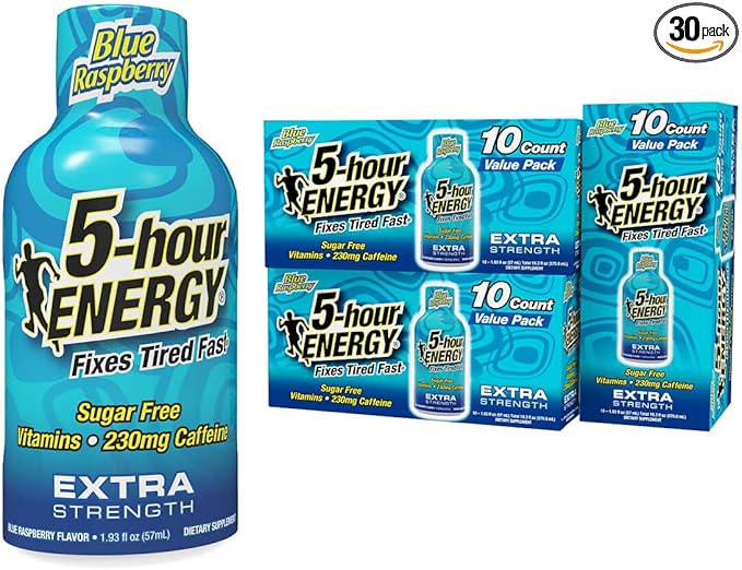 5-hour ENERGY Shots Extra Strength, Blue Raspberry Flavor, 30 Count, 1.93 Fl Oz, Sugar Free, Zero Calories, Amino Acids and Essential B Vitamins, Dietary Supplement, Feel Alert and Energized, 230 mg Caffeine