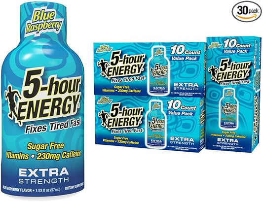 5-hour ENERGY Shots Extra Strength, Blue Raspberry Flavor, 30 Count, 1.93 Fl Oz, Sugar Free, Zero Calories, Amino Acids and Essential B Vitamins, Dietary Supplement, Feel Alert and Energized, 230 mg Caffeine