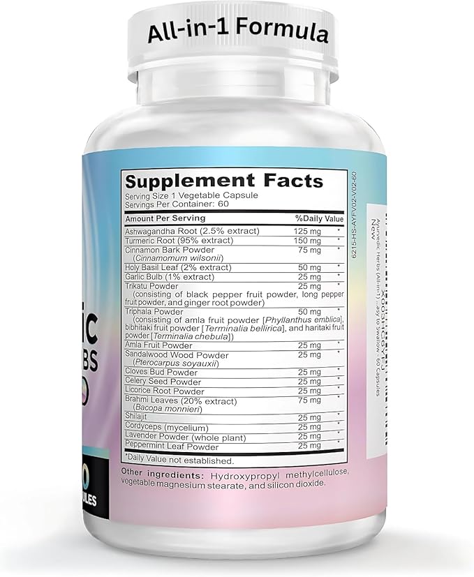 Ayurvedic Herbs 2-Month Supply (All-in-1) Supplement Blend | Ayurveda Mind Body Spirit Herbal Complex with 17 Active Ingredients | Ayurvedic Supplements | 60 Capsules