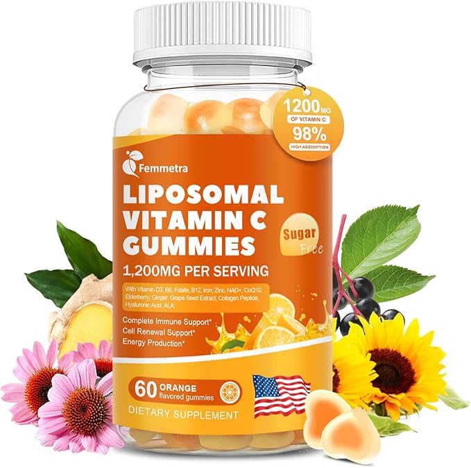 Liposomal Vitamin C Gummies for Adults, 1200mg Chewable Vitamin C Supplement with Elderberry, Zinc Iron & Folate etc - for Immune Support, Energy & Cell Health, Sugar Free, Orange Flavor, 60 Gummies
