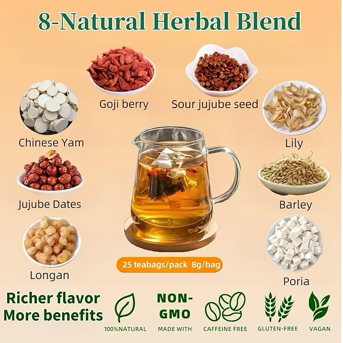 25 Organic Sleep Tea Bags for Bedtime,Chinese Barley Tea Blend 8 Premium Natural Herbs-Sour Jujube Seed,Goji berry, Jujube dates,Sleepytime Tea for Daily Wellness,Caffeine-Free, NON-GMO