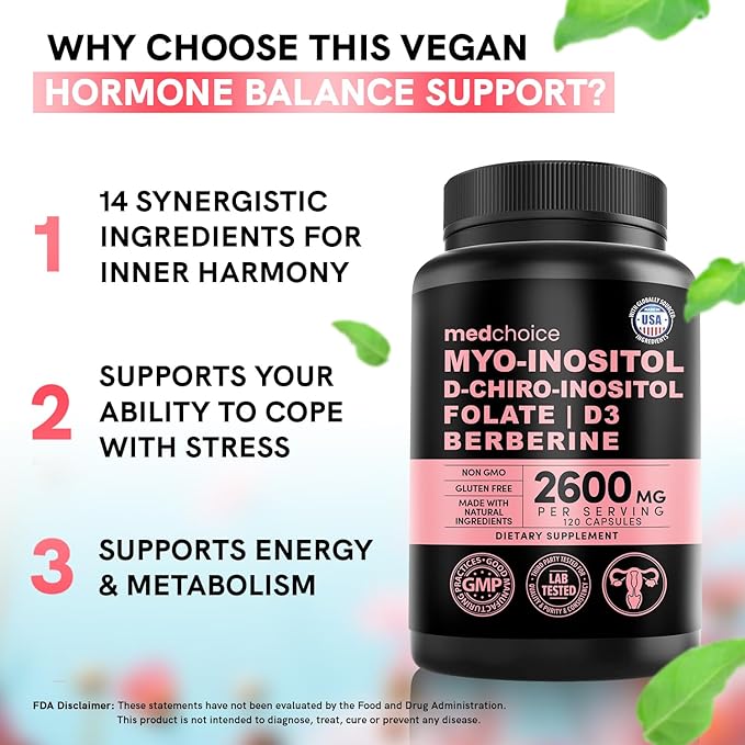 14-in-1 Inositol Supplement & Hormone Support for Women - 40:1 Myo-inositol & D-Chiro Inositol Ovarian Support Capsules for Hormone Balance with Folate, Vitamin D and B12 (120 count) (Pack of 2)