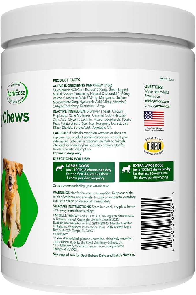 Yumove Hip & Joint Supplement for Dogs - with Glucosamine Chondroiton, Green Lipped Mussel, Hyaluronic Acid, and Omega 3 Joint Supplement for Stiffness and Mobility - 60 Chews (Large/XL Dogs)
