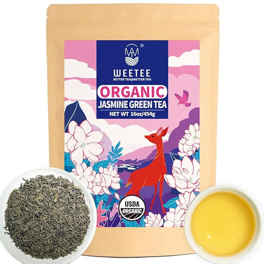 WT WEETEE Organic Jasmine Green Tea Loose Leaf, Organic Green Tea Scented with Jasmine Blossoms, No Artificial Flavors, 16 Ounce, Great Natural Energy Source