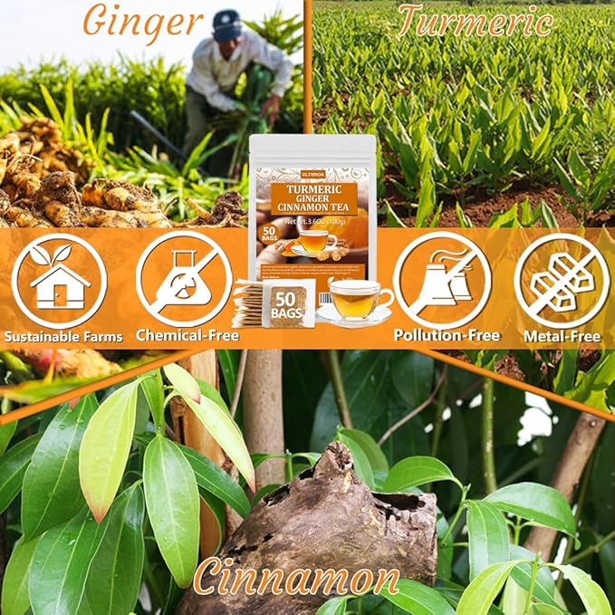 50 Premium Turmeric, Ginger, Cinnamon Blend Tea Bags, 100% Natural & No Additives & Caffeine Free.