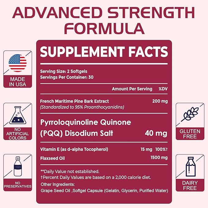 200 mg Pycnogeno with PQQ, Premium French Maritime Pine Bark Extract, Unique Dual-Delivery for Maximum Absorption, Pine Bark Extract for Vascular & Heart & Joint Function - 60 Vegan Softgels