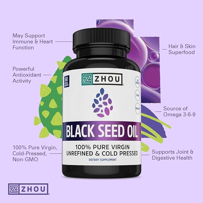 Zhou Black Seed Oil Capsules - Black Cumin Seed Oil Cold Pressed, Nigella Sativa, Pure Unrefined Blackseed, Premium Supplement for Health, Hair & Skin w/ Thymoquinone - 60 Capsules (Pack of 1)