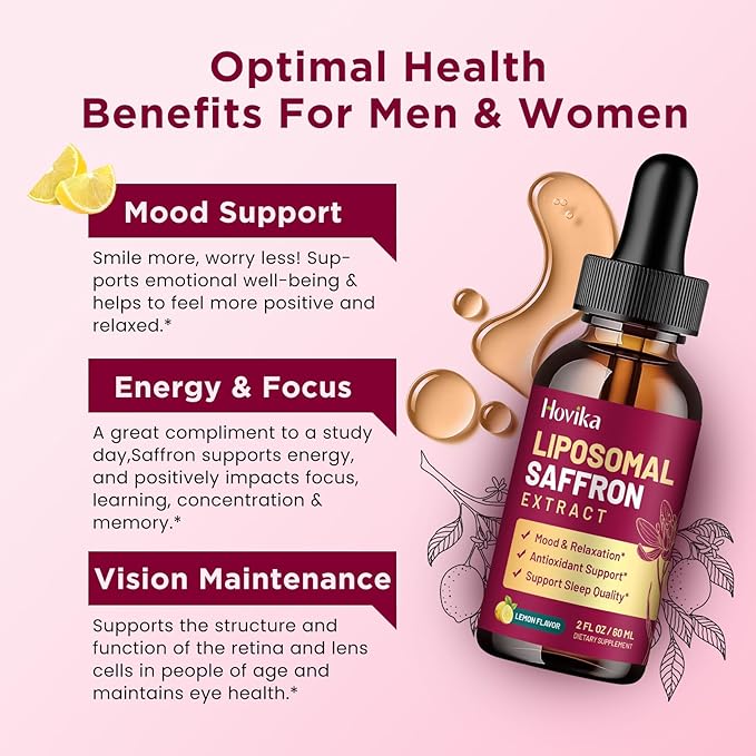 2 Pack Liposomal Saffron Supplements - 88.5mg Saffron Extract Liquid Drops with L-Theanine, Chamomile, Vitamin C, B6, B12 & D3 for Antioxidant, Immune, Mood, Energy, Focus & Sleep - Lemon Flavor