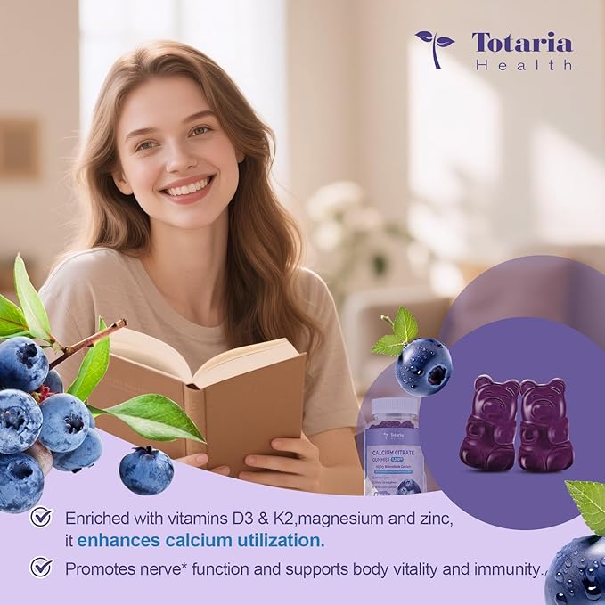 2 Pack Calcium Citrate Gummies 1200 mg - Calcium Supplements for Women with Vitamin D3 & K2,Magnesium,Zinc - Sugar Free Calcium Gummies for Bone & Teeth & Immune Support- Blueberry Flavor