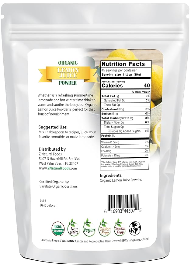 Z Natural Foods Organic Lemon Juice Powder, Enriched with Vitamin C, Ideal for Lemonade, Juice, Shakes, and Recipes, Gluten Free, Non-GMO, 1 lb