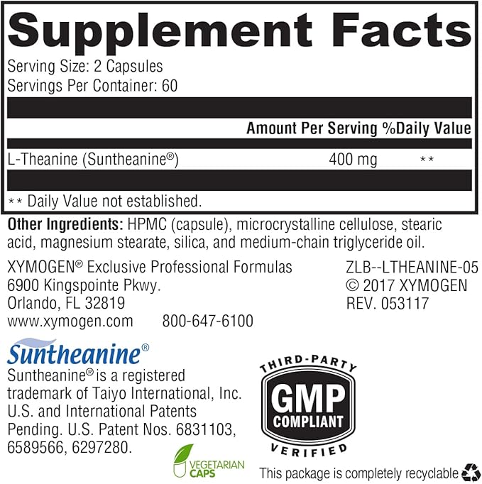 XYMOGEN L-Theanine - Patented Suntheanine L theanine 400mg Per Serving - Amino Acid Supplement to Support Calm + Relaxation Without Drowsiness, Liver Health (120 Capsules)