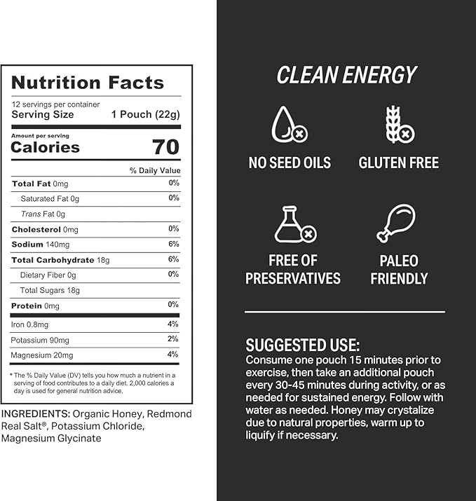 HNY+ Organic Honey Energy Gel with Electrolytes, Magnesium, Sea Salt & Potassium, Gluten Free & Vegan, Workout Gels, for Gym, Running, Cycling & Hiking, Sports Nutrition, Caffeine Free, 12 Pack