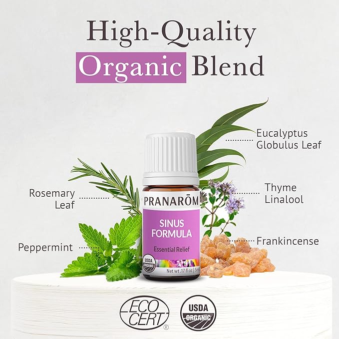 Pranarom - Sinus Formula Essential Oil Blend (5ml) - Olive Oil, Eucalypts, Peppermint, Rosemary, Frankincense, & Thyme - 100% Pure Essential Oil for Topical Use | USDA and ECOCERT Certified Organic