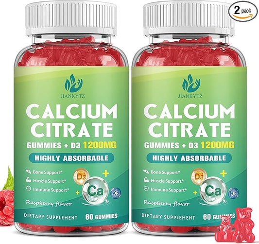 (2 Pack) 1200mg Calcium Citrate with Vitamin D3 Gummies, Ultimate Absorption, Chewable Calcium Citrate with Vitamin D3 K2 C, Magnesium, Zinc for Bone, Muscle, Immune Support- Raspberry, 120 Gummies
