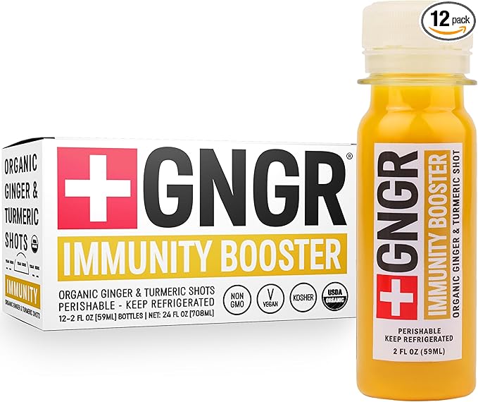 +GNGR Immunity Booster Organic Ginger and Turmeric Shot - Cold Pressed Ginger Shots with Turmeric, Cayenne Pepper, Orange, Lemon for All Natural Immune & Digestive Support 2 fl oz (Pack of 12)