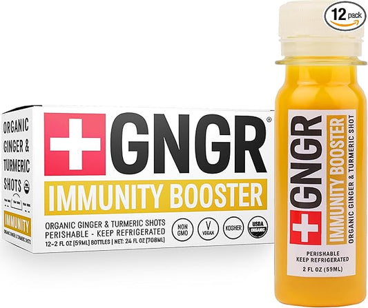 +GNGR Immunity Booster Organic Ginger and Turmeric Shot - Cold Pressed Ginger Shots with Turmeric, Cayenne Pepper, Orange, Lemon for All Natural Immune & Digestive Support 2 fl oz (Pack of 12)