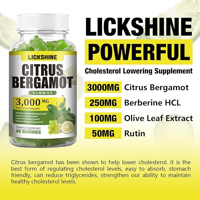 2 Pack 3000MG Citrus Bergamot Gummies - Citrus Bergamot Extract Cholesterol Lowering Supplement for Immune Support Anti-Aging, Hight Cholesterol Sugar-Free Vegan Lime Flavor 120 Cts